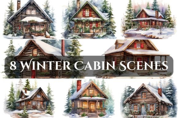 Snowy Watercolor Cabin Scenes